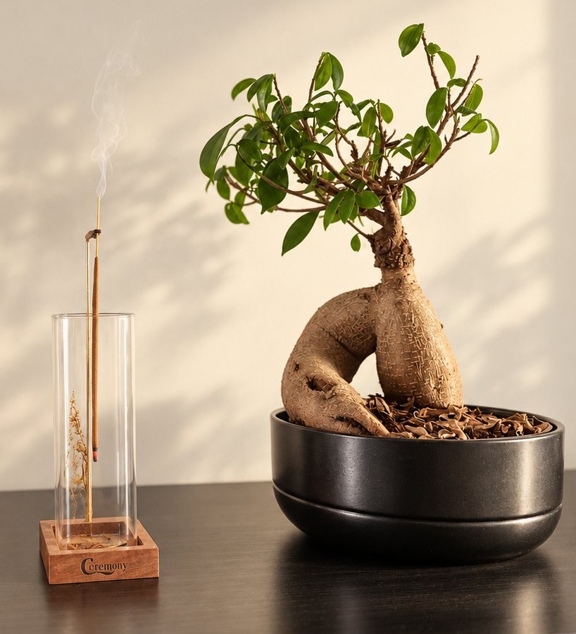 healice-studio-bonsai-incense-light-crop A bonsai and burning incense in warm afternoon light in the Healice studio
